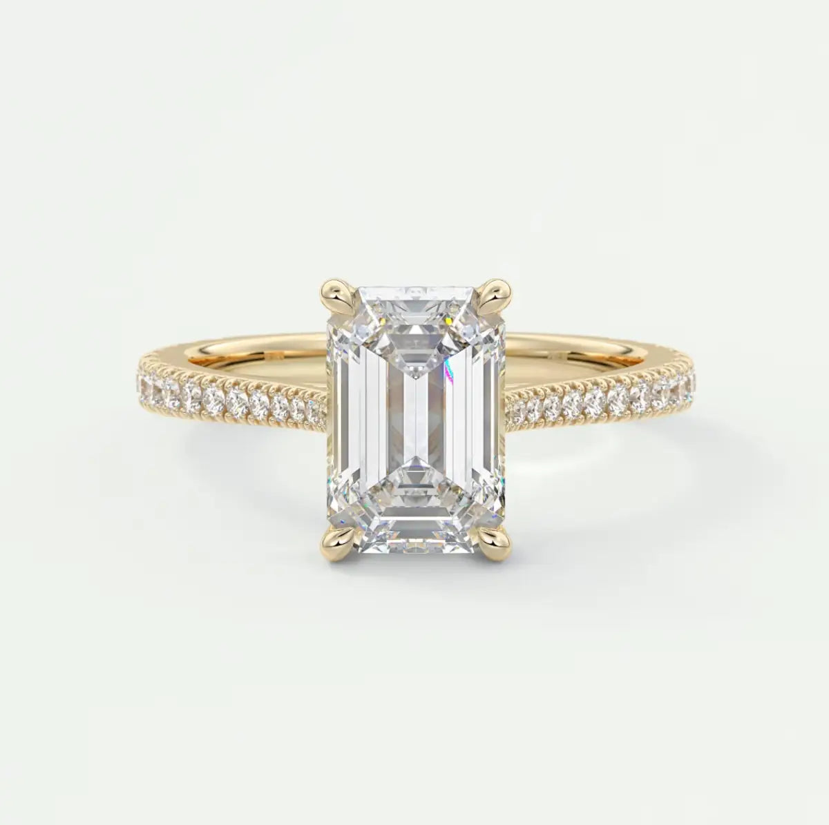 Custom made juliette emerald hidden halo cathedral engagement ring | diamond lab