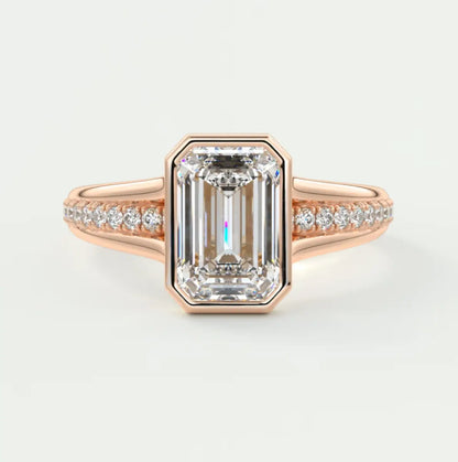 Custom made neriah emerald bezel set engagement ring | split shank | diamond lab