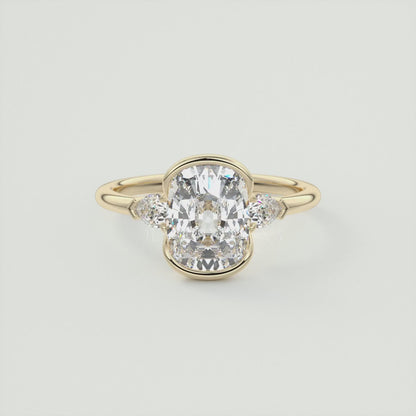 Solara Elongated Cushion Half Bezel Three-Stone Engagement Ring