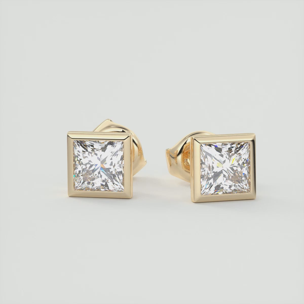 Radiant Princess Bezel Stud Earrings | Lab Diamond or Moissanite