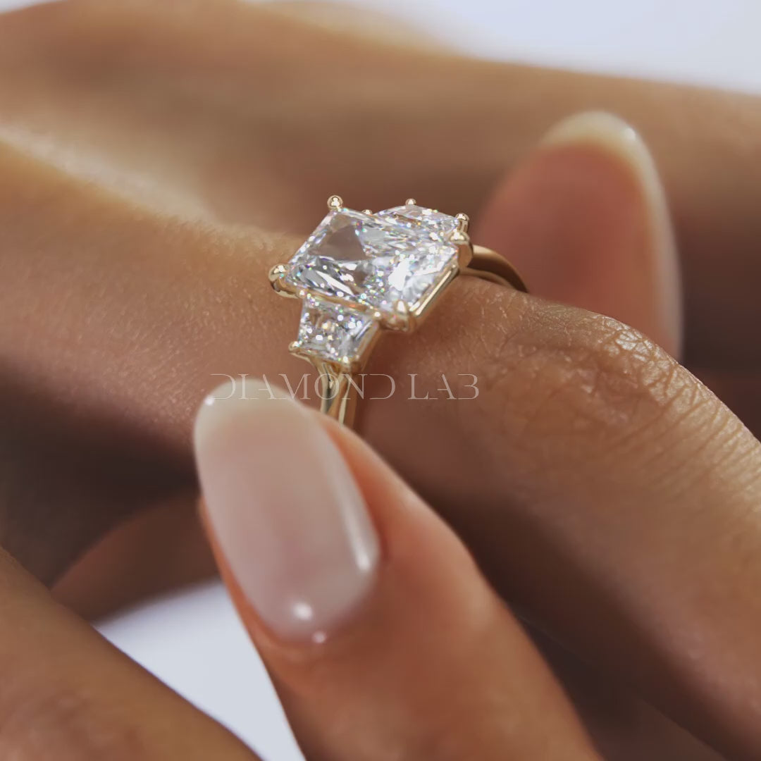 Elysian Radiant Three-Stone Engagement Ring with Trapezoid Side Stones