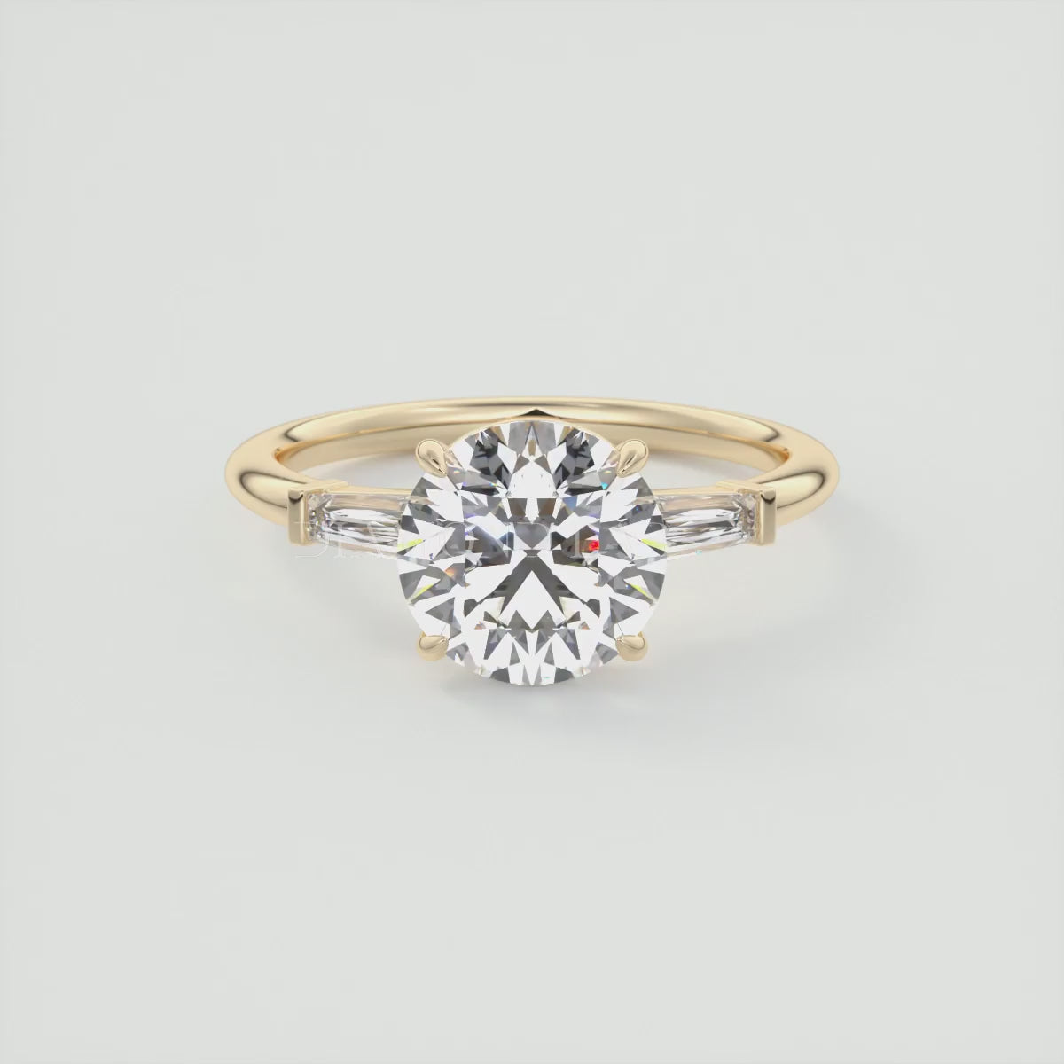 Elysian Round Three-Stone Engagement Ring with Tapered Baguettes
