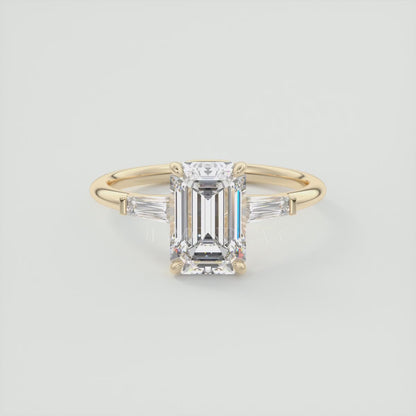 Elysian Emerald Three-Stone Engagement Ring with Tapered Baguettes