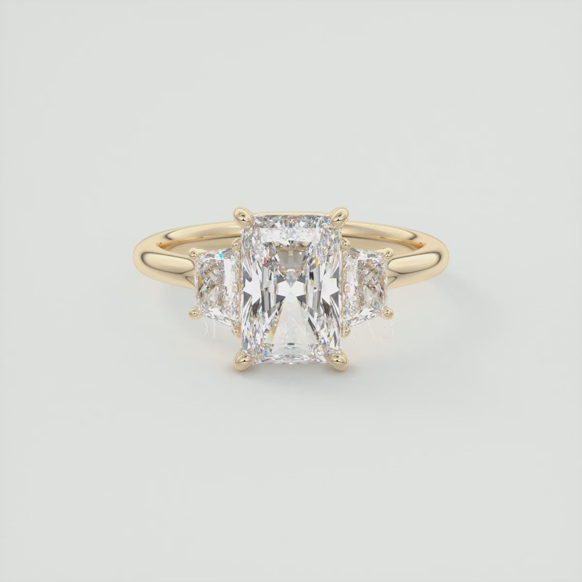 Elysian Radiant Three-Stone Engagement Ring with Trapezoid Side Stones