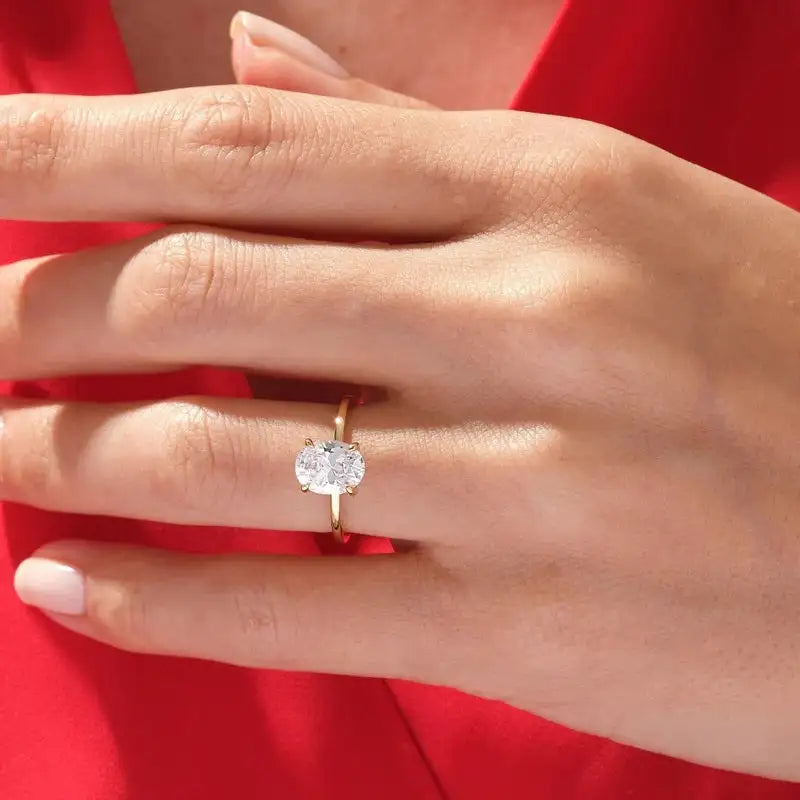 A radiant round-cut diamond solitaire ring set in a sleek gold band, gleaming with brilliance against the soft skin of a hand.
