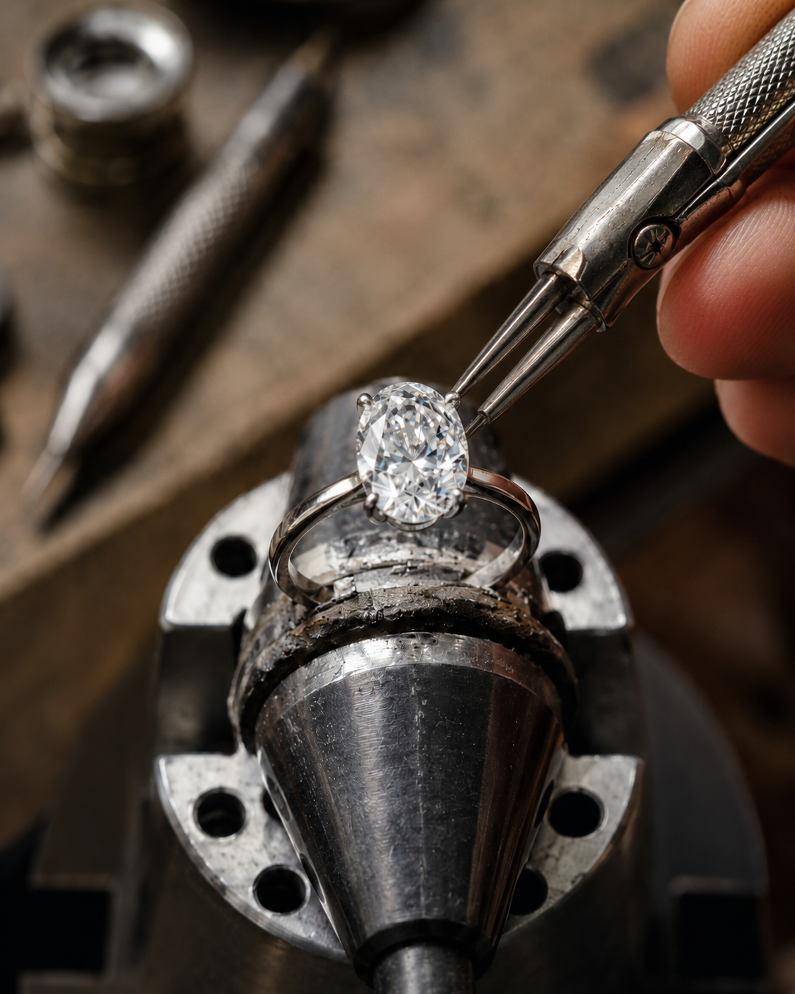 Diamond being set into a metal mount with tools in the background