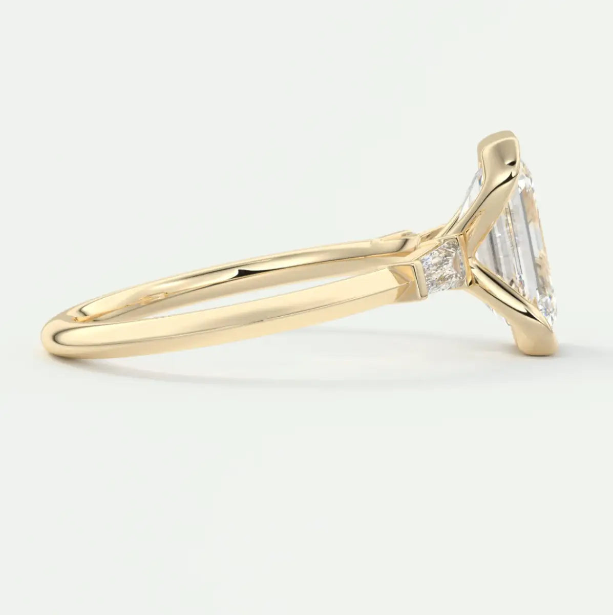 Custom made solara baguette emerald three-stone engagement ring | diamond lab