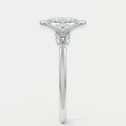 Custom made solara elongated cushion half bezel three-stone engagement ring | diamond lab