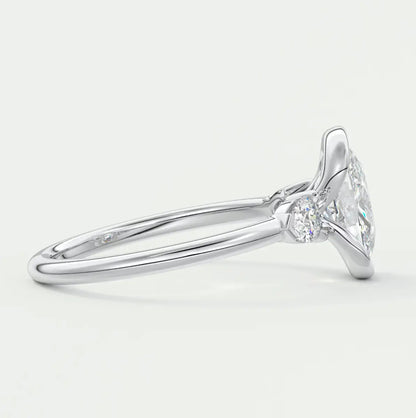 Custom made solara elongated cushion half bezel three-stone engagement ring | diamond lab