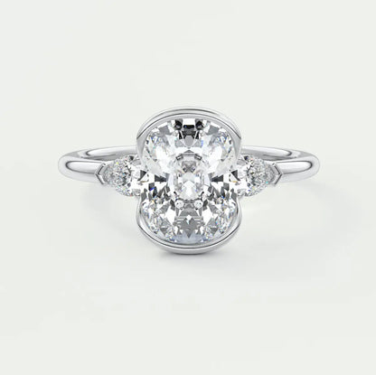 Custom made solara elongated cushion half bezel three-stone engagement ring | diamond lab