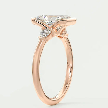 Custom made solara elongated radiant half bezel three-stone engagement ring | diamond lab