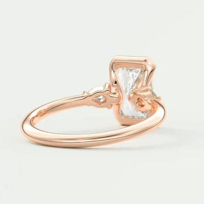 Custom made solara elongated radiant half bezel three-stone engagement ring | diamond lab
