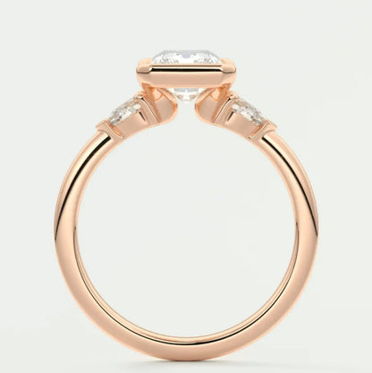 Custom made solara elongated radiant half bezel three-stone engagement ring | diamond lab