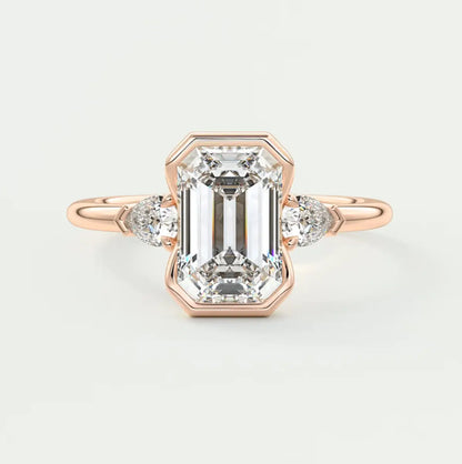 Custom made solara emerald half bezel three-stone engagement ring | diamond lab