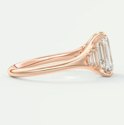 Custom made solena emerald split shank engagement ring with baguette side stones | diamond lab