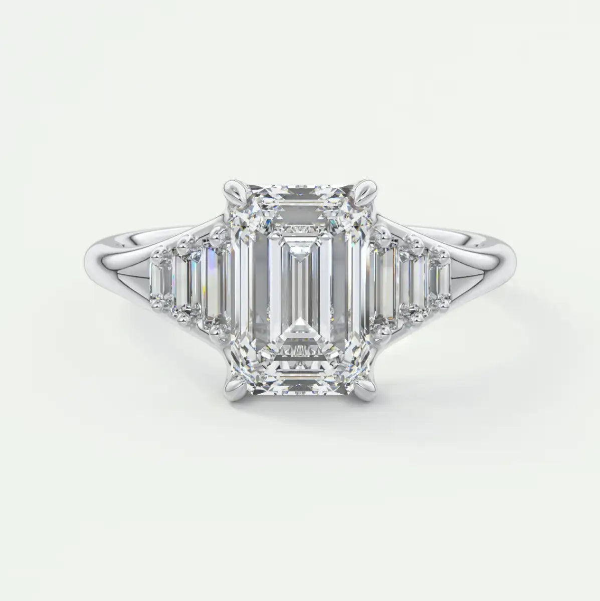 Custom made solena emerald split shank engagement ring with baguette side stones | diamond lab