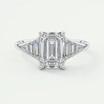 Custom made solena emerald split shank engagement ring with baguette side stones | diamond lab