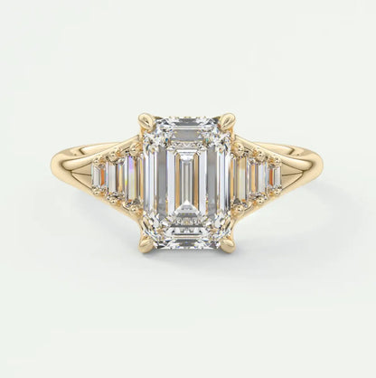 Custom made solena emerald split shank engagement ring with baguette side stones | diamond lab