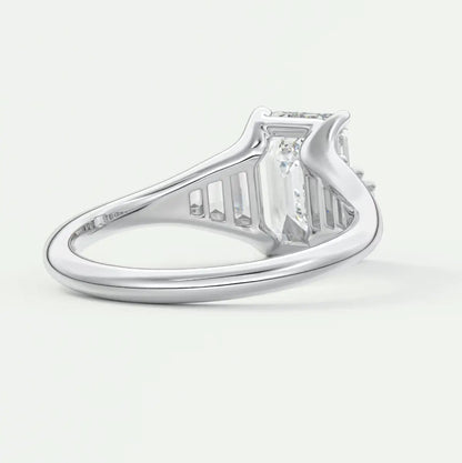 Custom made solena emerald split shank engagement ring with baguette side stones | diamond lab