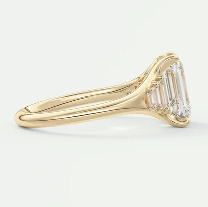 Custom made solena emerald split shank engagement ring with baguette side stones | diamond lab