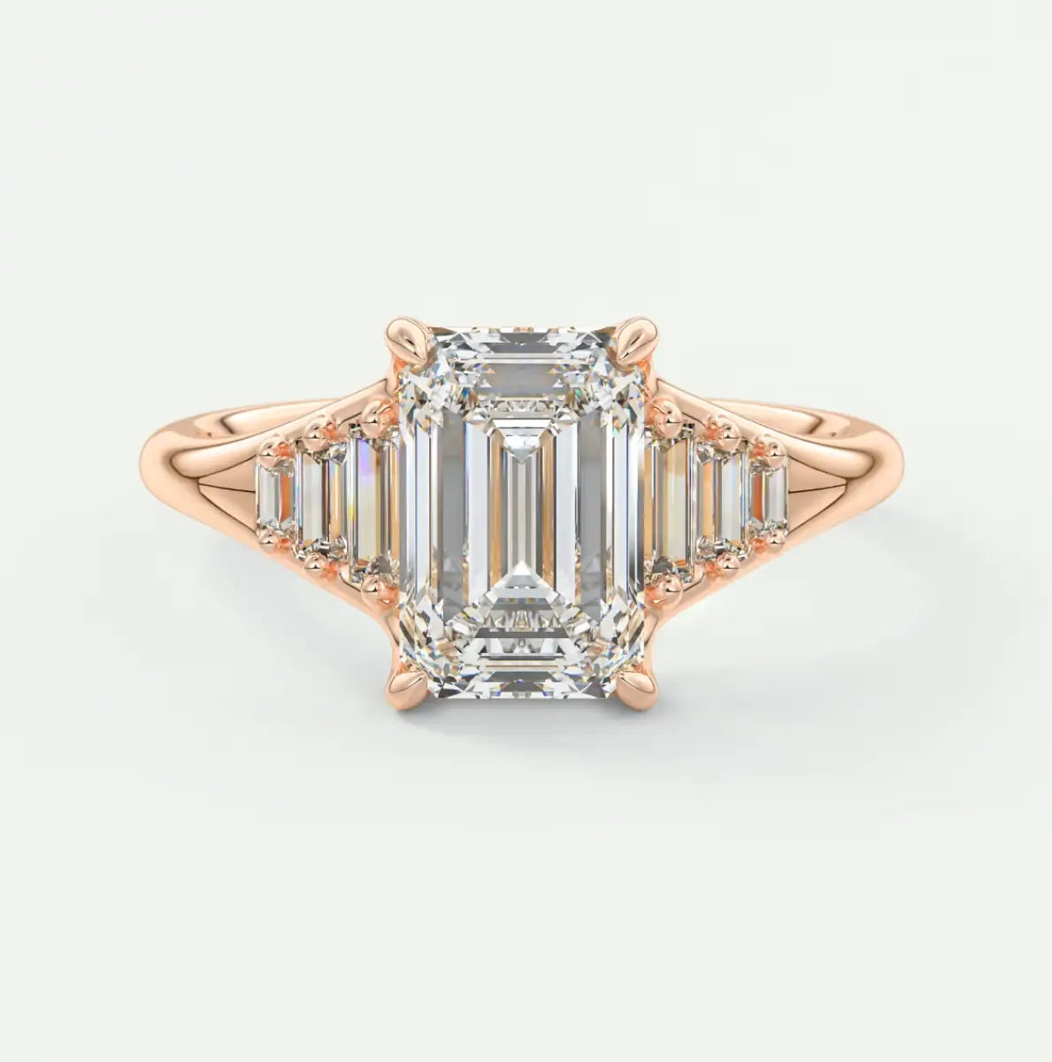 Custom made solena emerald split shank engagement ring with baguette side stones | diamond lab