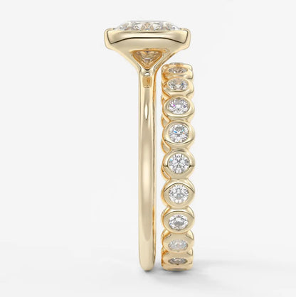 Custom made véda east-west cushion bezel engagement ring | lab diamond or moissanite –