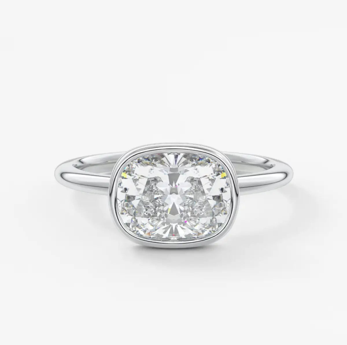 Custom made véda east-west cushion bezel engagement ring | lab diamond or moissanite –
