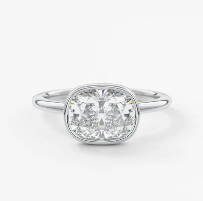 Custom made véda east-west cushion bezel engagement ring | lab diamond or moissanite –