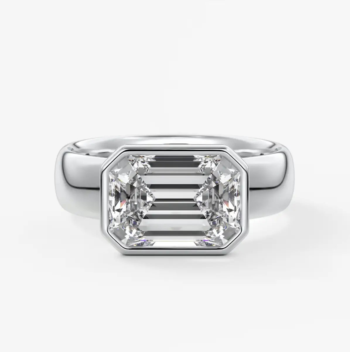 Custom made véda grande east-west emerald bezel ring | wide band | diamond lab
