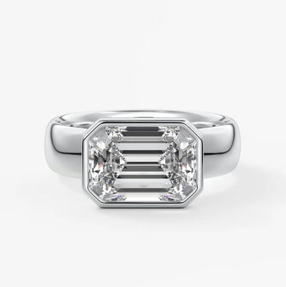 Custom made véda grande east-west emerald bezel ring | wide band | diamond lab