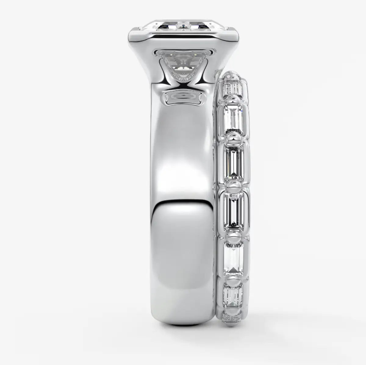 Custom made véda grande east-west emerald bezel ring | wide band | diamond lab