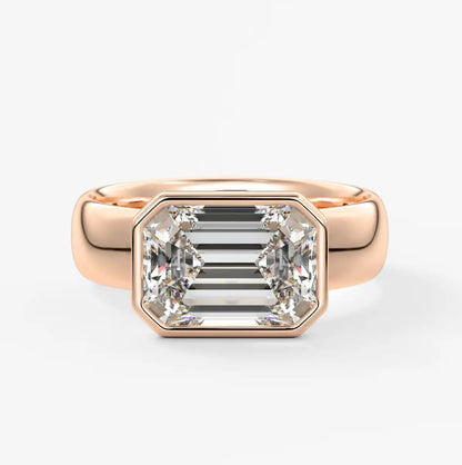 Custom made véda grande east-west emerald bezel ring | wide band | diamond lab