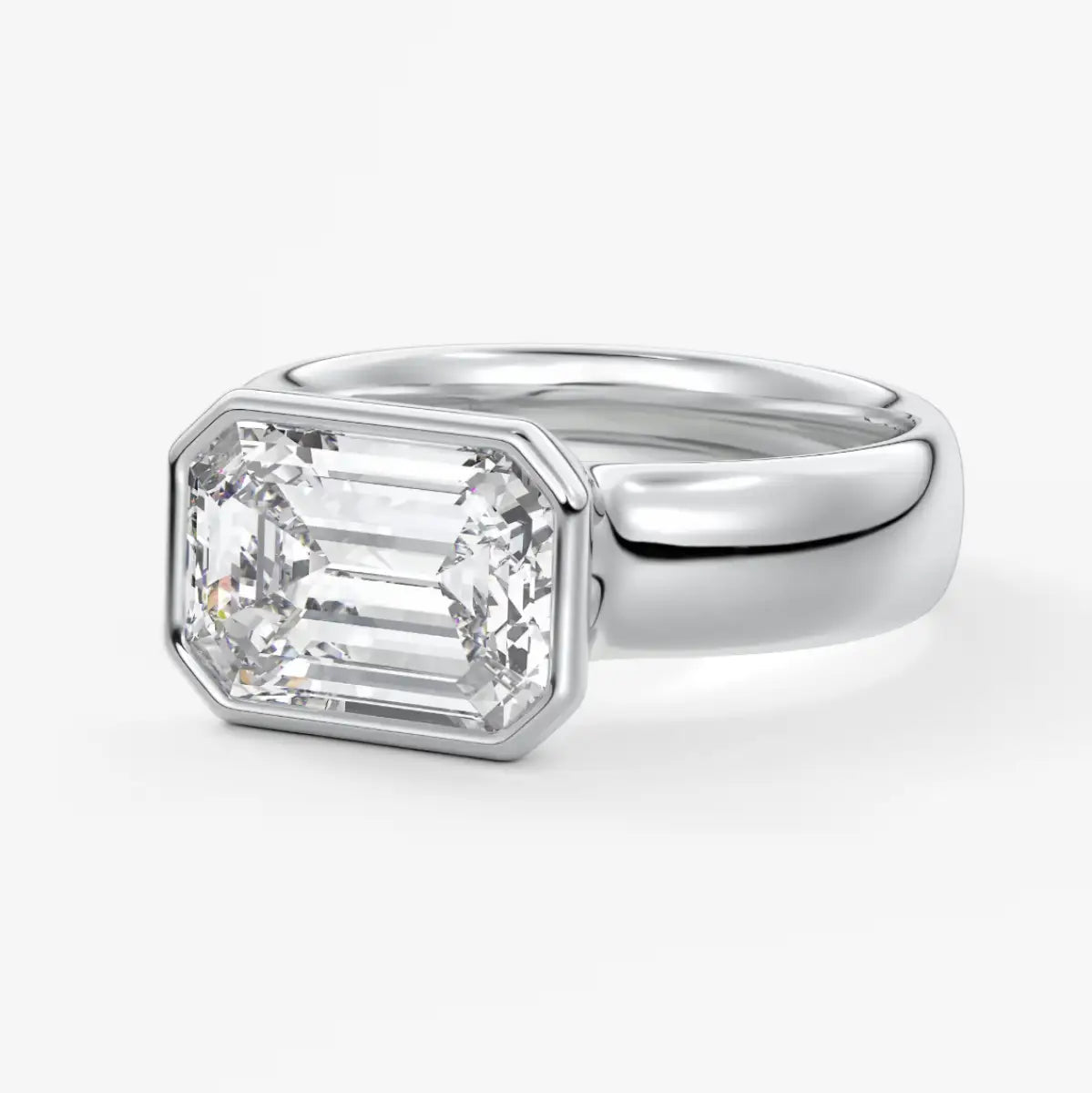 Custom made véda grande east-west emerald bezel ring | wide band | diamond lab