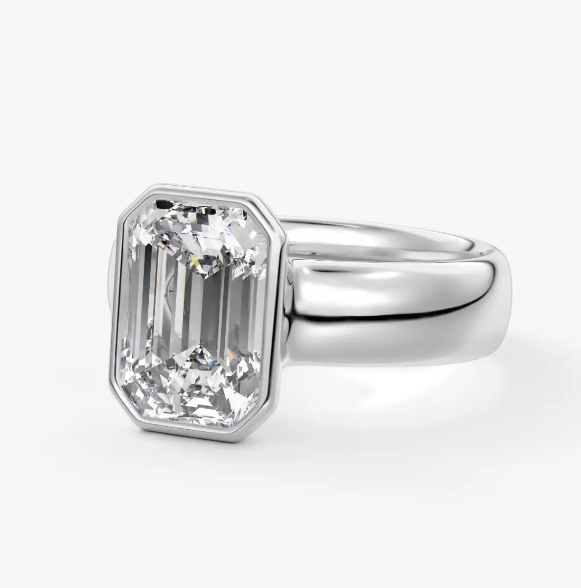 Custom made véda grande emerald bezel engagement ring | wide band | diamond lab